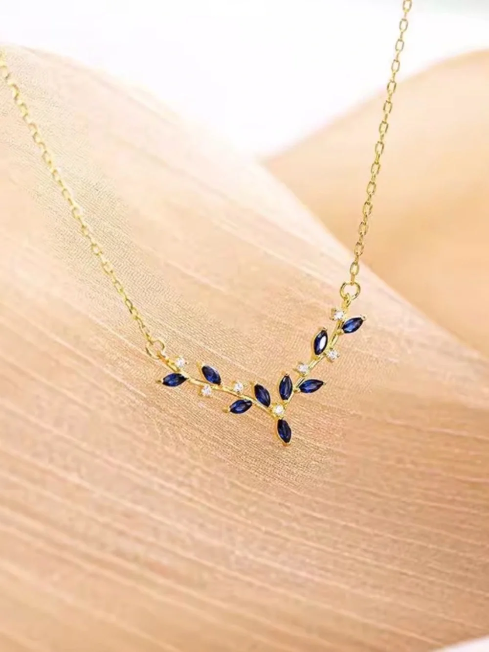 New Deer Antler Pendant  Necklace for Women Gold Plated  Deep Sea Blue Zirconia